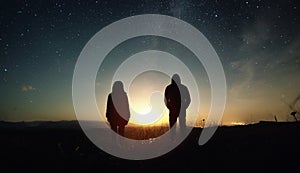 A couple of people man and woman stand at the sunset of the moon under the starry sky with bright stars and a milky way