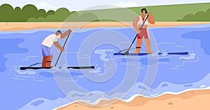 Couple of people paddling on stand up paddle board flat vector illustration.