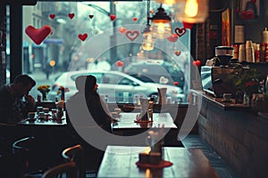 A couple of people sitting at a table in a restaurant, engaged in conversation and enjoying their meal, A coffee shop setting