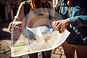 A couple of people standing outdoors, engaged in studying a map to find their way around the city, Tourists checking a map, top