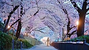 A couple of people walking down a sidewalk, surrounded by cherry blossom trees, Romantic stroll under cherry blossoms in Japan