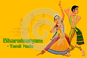 Couple performing Bharatanatyam classical dance of Tamil Nadu, India photo