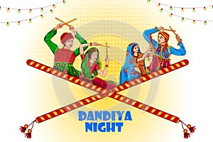 Couple performing dandiya and dancing garba sale and promotion advertisement background