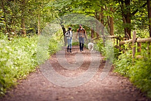 Couple With Pet Golden Retriever Dog Hiking Along Path Through Trees In Countryside