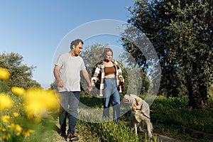 Couple with pet ,golden retriever dog, walking along path across field in countryside