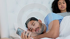 Couple, phone or cheating in house bedroom, home or hotel on social media, online dating app or sexting. Spying, curious