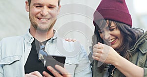 Couple, phone and cover eyes or play, laugh and funny joke or confidential, mystery and private text. People, smartphone