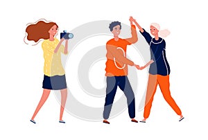 Couple photo session. Cute photographer, woman man in love. Isolated characters posing on camera vector illustration