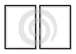 Couple picture photo frames mockup, wall presentation, black thin rectangular vertical frame with shadow, two vertical blank frame