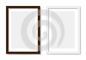 Couple picture photo frames mockup, wall presentation, black and white thin rectangular vertical frame with shadow, two vertical