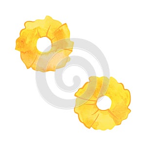 A couple of pineapple rings. Topping for pizza or dessert. Isolated watercolor illustration on white background for