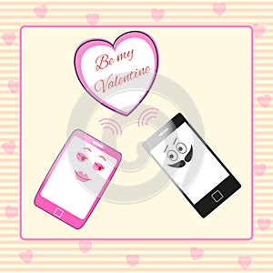 Couple of pink female and black male smartphone characters sending each other