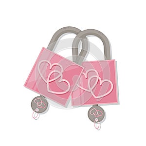 Couple pink heart lock with key. valentine`s day love symbol.