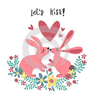 Couple pink rabbit bunny kissing in flower wreath
