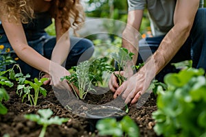 Couple planting herbs together in a garden