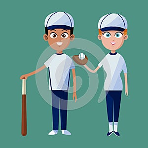 Couple player baseball cap glove bat and ball