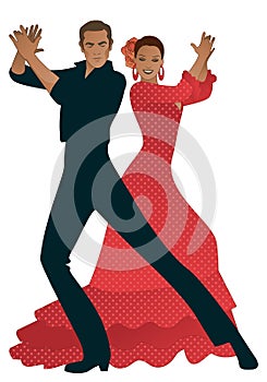 Couple playing flamenco dancers palms. Handsome man and beautiful woman with flowers in her hair and typical Spanish dance dress