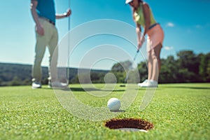 Couple playing golf with the woman on green to hole in