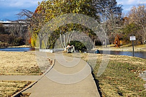 A couple playing a guitar sitting on the grass in the park near the lake surrounded by gorgeous autumn colored trees