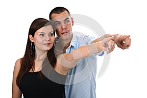 Couple pointing index fingers to side isolated