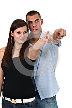 Couple pointing index fingers to side isolated