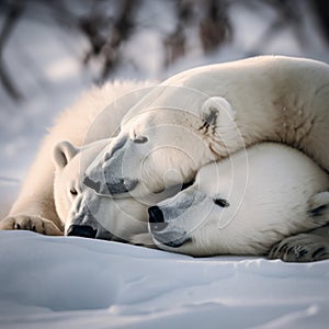 A couple of polar bears laying on top of each other. Generative AI image.