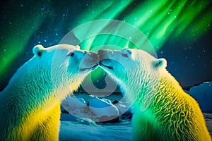 Couple of polar bears standing next to each other on snow covered ground. Generative AI
