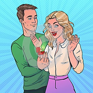 Couple in pop art style. Man present woman a ring.