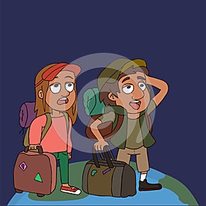 Couple of pop-eyed tourists with luggage vector cartoon