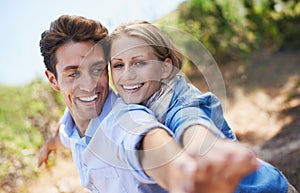 Couple, portrait and happy outdoor with freedom in relationship for holiday, vacation or travel. Romance, man and woman