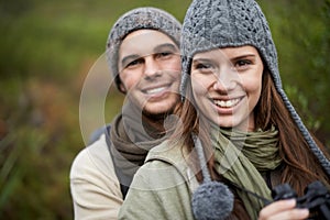 Couple, portrait and happy outdoor with travel for bonding, love and relationship with hug or holiday. Man, woman and