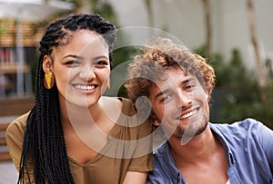 Couple, portrait and lovers with happiness, smile and love outdoors in backyard, garden and patio. Black woman, male