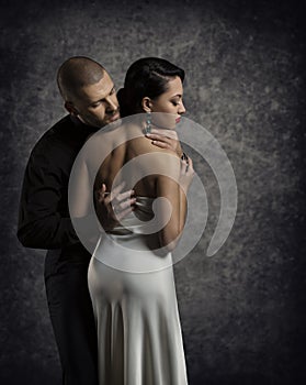 Couple Portrait, Man Woman in Love, Boy Embracing Elegant Girl