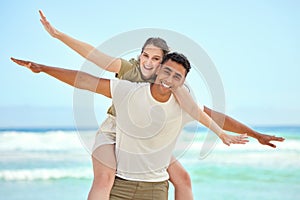 Couple, portrait and piggyback at beach on holiday, love and tropical weekend for flying game. People, travel and