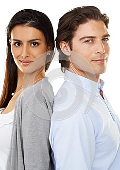 Couple, portrait smile and back together in relationship isolated against a white studio background. Happy woman and man