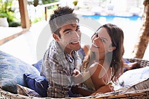 Couple, portrait and smile for vacation, summer and happiness for wellness and outdoor. Man, woman and resort for