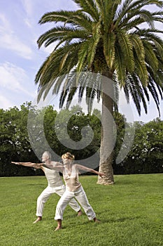 Couple Practicing Yoga In Park