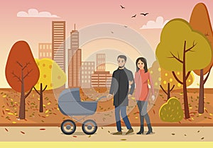 Couple with Pram Family People in Park Vector