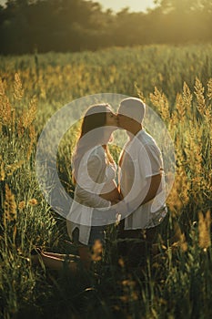 Couple with pregnant woman kisses on the meadow