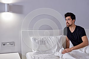 Couple With Problems Having Disagreement In Bed, Man Look At Side Arguing