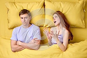 Couple With Problems Having Disagreement In Bed, Quarrelling