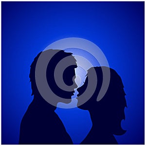 Couple profile silhouette over blue background