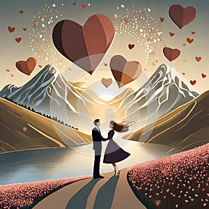 couple proposing silhouette and hearts flying around, mountains, river