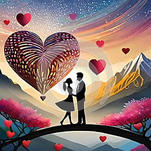 couple proposing silhouette and hearts flying around, mountains, trees with pink flowers