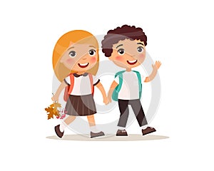 Schoolmates going to school flat vector illustration.