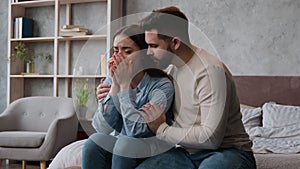 Couple quarrel family problem breakup misunderstanding conflict divorce Caucasian man husband guy calming crying sad