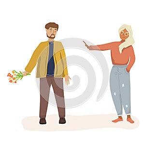 Couple in a quarrel. A man with flowers is trying to apologize to a woman.