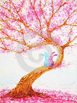 Couple rabbits lover sitting under love tree valentines day watercolor painting