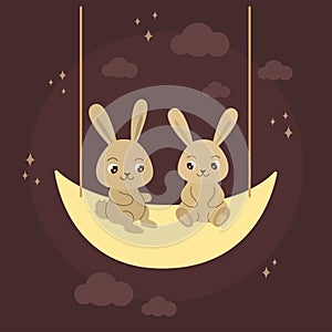 A couple of rabbits on the moon ride like a swing. Cartoon bunnies illustration. Animal characters. Cute hare love