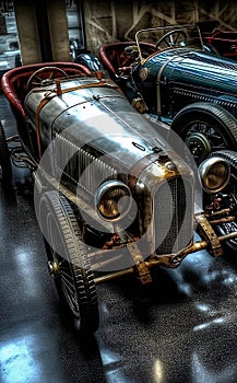 A couple of race cars parked next to each other art nouveau glass and metal. AI generated